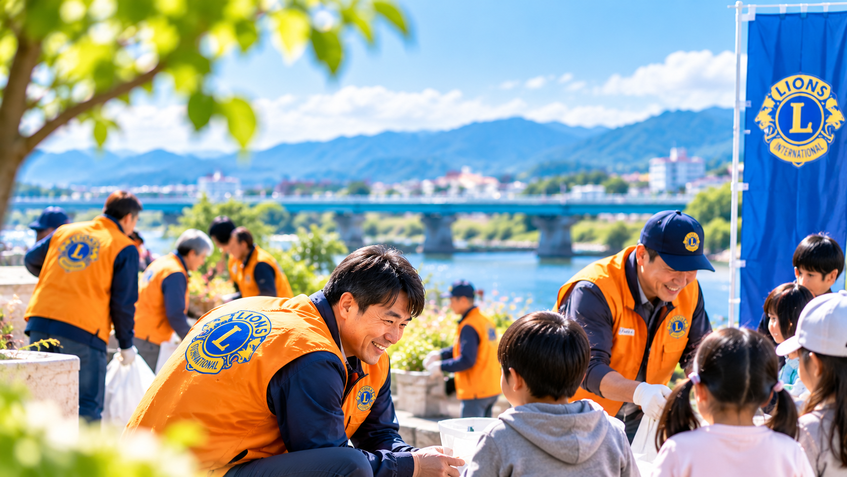 地域の人々と子どもたちが交流する奉仕活動のイメージ