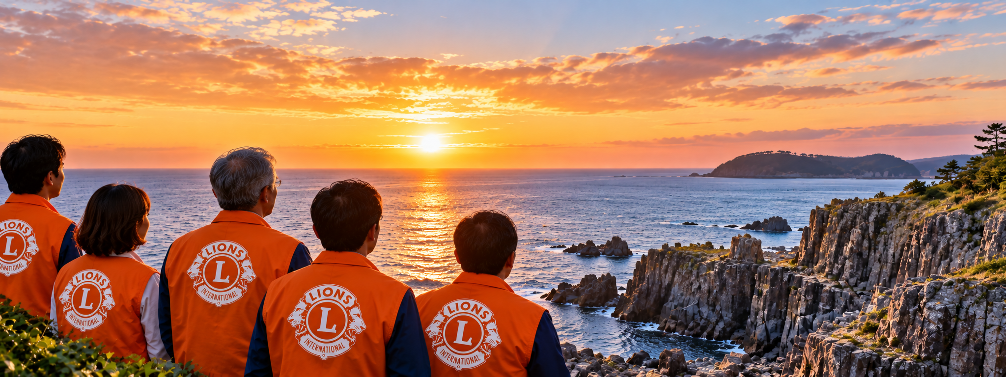 夕日の海を望むライオンズクラブの仲間たちのイメージ